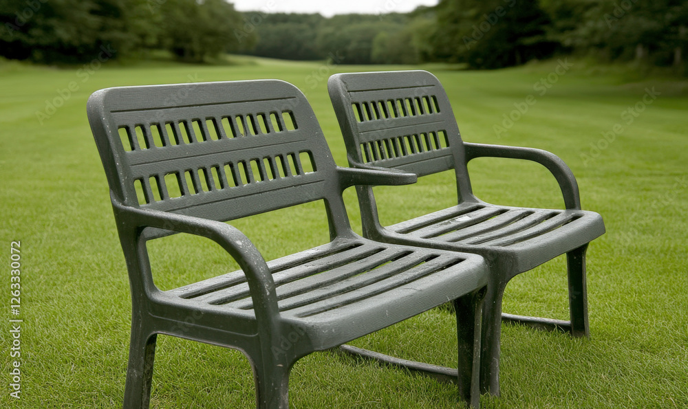 Two Classic Green Plastic Chairs on a Lush Green Lawn Surrounded by Trees in a Tranquil Outdoor Setting, Perfect for Relaxation and Leisure Two Classic Green Plastic Chairs on a Lush Green Lawn Surrounded by Trees in a Tranquil Outdoor Setting, Perfect for Relaxation and Leisure