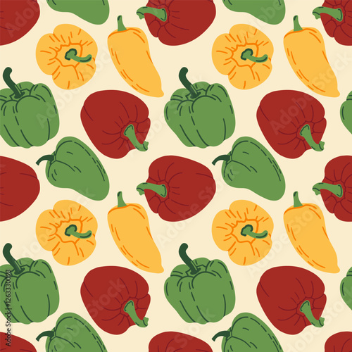 Seamless pepper pattern. Spicy vegetables, green red and yellow pepper background. Fresh cooking, organic raw food, neat vector print.	