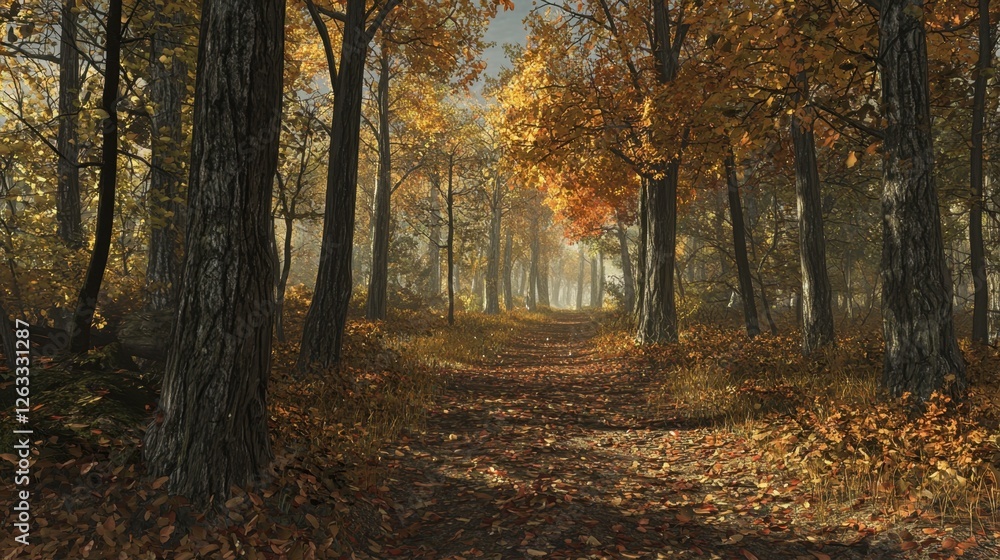 Obraz premium A serene forest path, lined with tall trees displaying brilliant autumn colors. Leaves cover the ground, and gentle sunlight creates a warm atmosphere in the tranquil setting