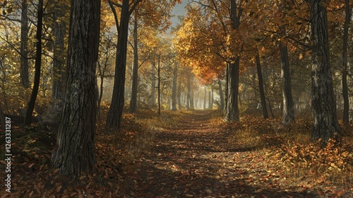 A serene forest path  lined with tall trees displaying brilliant autumn colors. Leaves cover the ground  and gentle sunlight creates a warm atmosphere in the tranquil setting