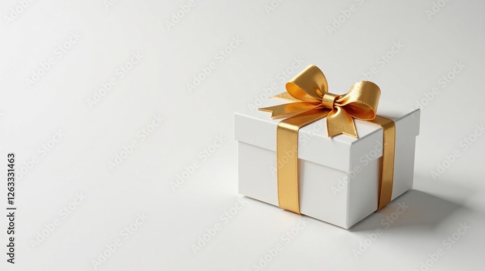 A pristine white gift box adorned with a luxurious golden ribbon bow, symbolizing celebration and thoughtful presentation A pristine white gift box adorned with a luxurious golden ribbon bow, symbolizing celebration and thoughtful presentation