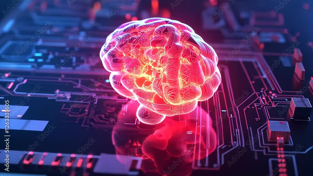 A glowing 3D brain with digital circuits and neural connections, symbolizing artificial intelligence and future technology. . High quality 4k footage A glowing 3D brain with digital circuits and neural connections, symbolizing artificial intelligence and future technology. . High quality 4k footage