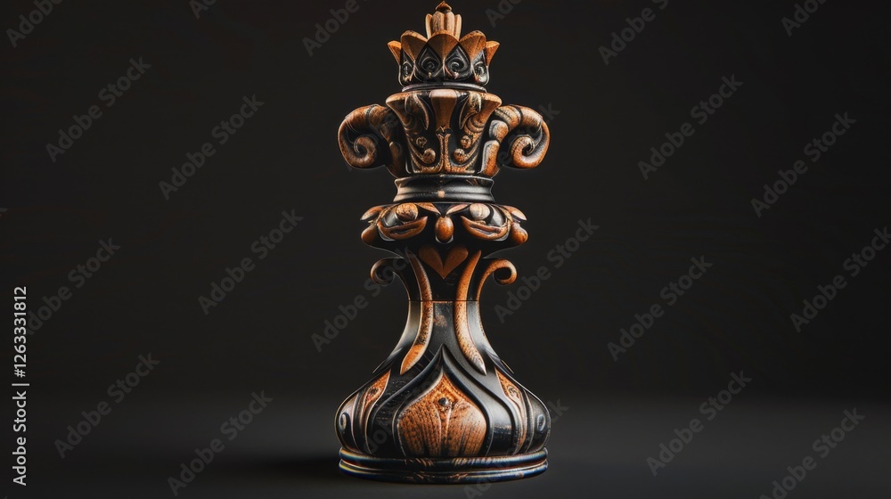 Intricate chess piece with ornate design set against a dark background in a studio environment Intricate chess piece with ornate design set against a dark background in a studio environment