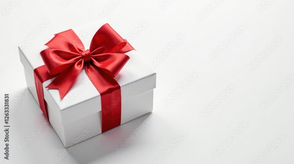 A pristine white gift box adorned with a vibrant red ribbon bow, perfect for celebrating a special occasion or expressing heartfelt gratitude A pristine white gift box adorned with a vibrant red ribbon bow, perfect for celebrating a special occasion or expressing heartfelt gratitude