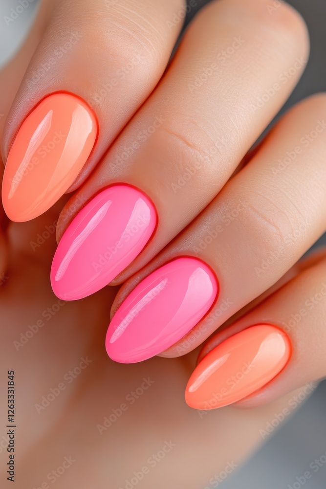 Elegant hand showcasing perfectly manicured neon pink and orange nails in natural lighting with a trendy street photography aesthetic Elegant hand showcasing perfectly manicured neon pink and orange nails in natural lighting with a trendy street photography aesthetic