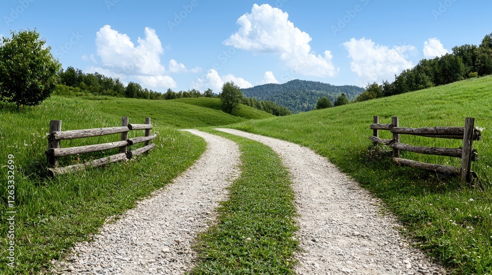 Fototapeta premium Winding Country Road, Green Hills, Summer Day, Pastoral Scene