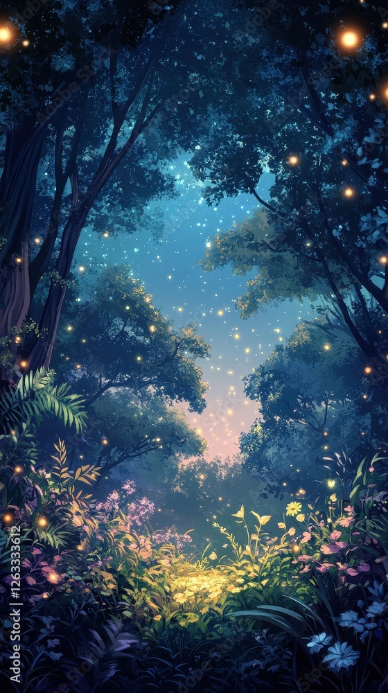 Fototapeta premium Enchanted forest clearing filled with glowing flora and fauna