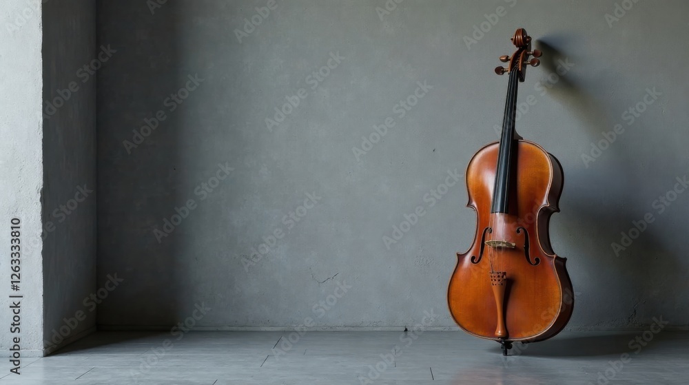 Fototapeta premium A solitary cello rests against a textured wall, a moment of quiet contemplation before a performance or rehearsal