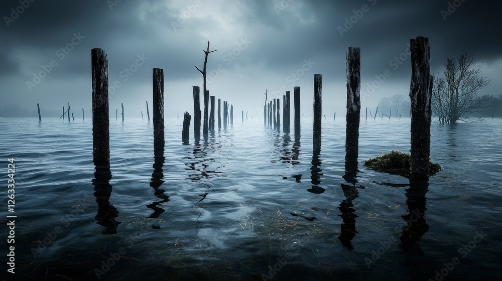 Fototapeta premium Misty waters of grief abandoned landscape digital art foggy environment serene viewpoint emotional journey