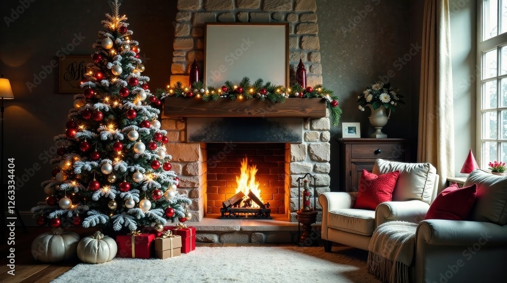 Cozy Christmas Eve Fireplace Scene with Decorated Tree and Blank Canvas Cozy Christmas Eve Fireplace Scene with Decorated Tree and Blank Canvas
