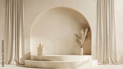 A neutral beige podium with sand-colored curtains, arranged in simple, elegant lines for a natural, earthy feel