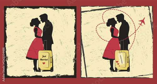 Vector illustration in retro style. A newlywed couple in love are going on a honeymoon trip.