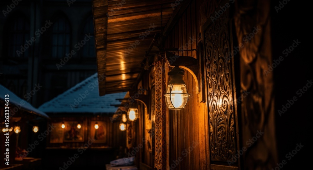 Rustic lanterns illuminating wooden cabin exteriors at dusk Rustic lanterns illuminating wooden cabin exteriors at dusk