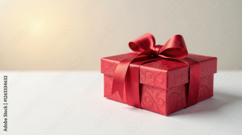 Obraz premium A luxuriously wrapped crimson gift box with an elegant satin ribbon bow, sitting on a pristine white surface against a softly lit background