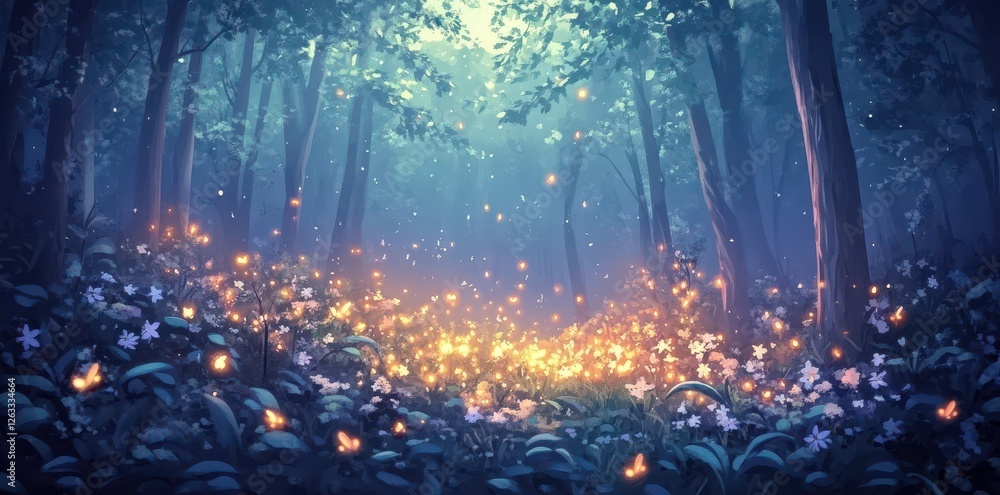 Enchanted forest glows with fireflies and white flowers Enchanted forest glows with fireflies and white flowers