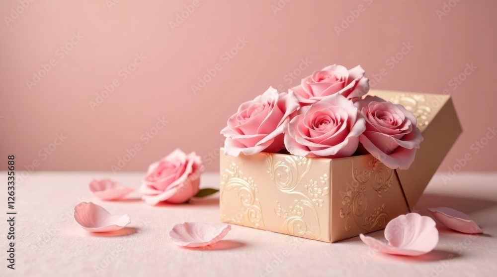 A delicate blush pink gift box overflowing with lovely roses and scattered petals on a soft, pale surface