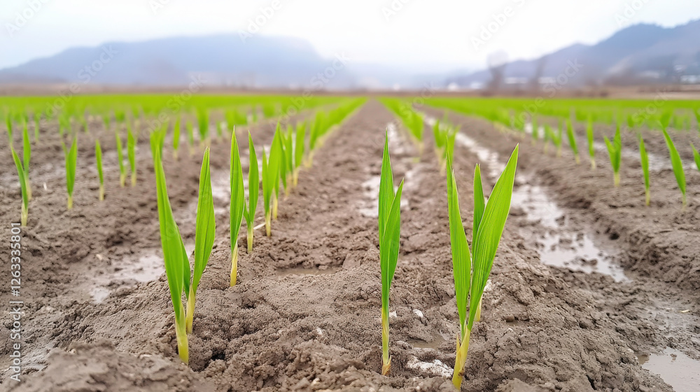 Fresh Green Rice Seedlings Growing in a Fertile Field Under a Cloudy Sky with Background Mountains and Wet Soil Ready for Harvest Fresh Green Rice Seedlings Growing in a Fertile Field Under a Cloudy Sky with Background Mountains and Wet Soil Ready for Harvest