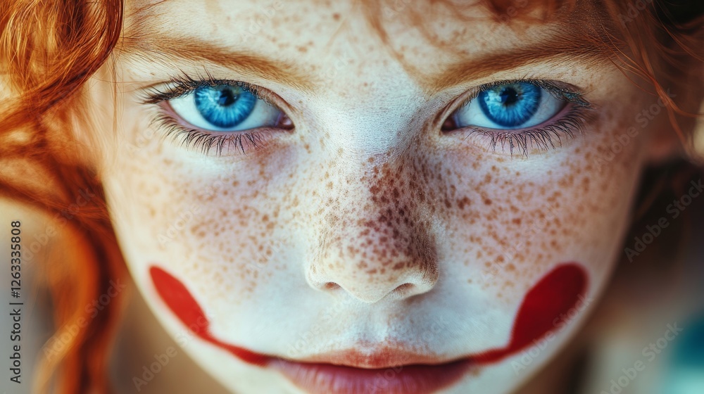 Close-up portrait of a child with clown makeup, freckles, red hair and blue eyes. Close-up portrait of a child with clown makeup, freckles, red hair and blue eyes.