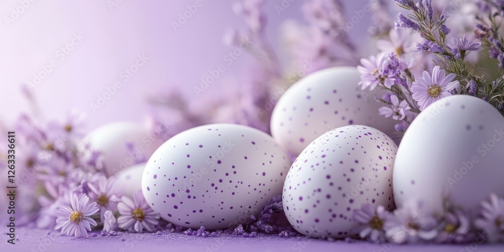 Easter eggs surrounded by lavender flowers on a pastel purple background in springtime setting Easter eggs surrounded by lavender flowers on a pastel purple background in springtime setting