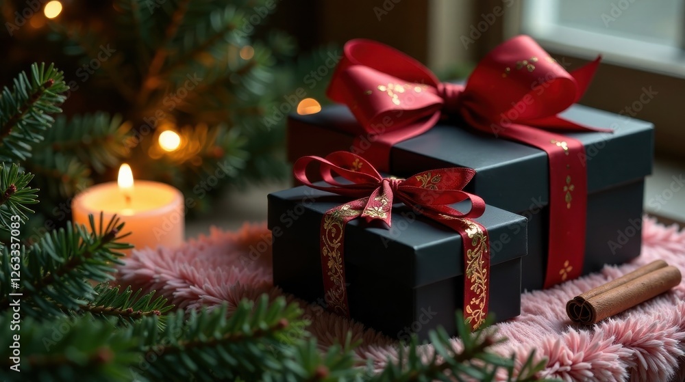Elegantly Wrapped Gifts Beside a Softly Glowing Candle and Evergreen Branches on a Plush Surface Elegantly Wrapped Gifts Beside a Softly Glowing Candle and Evergreen Branches on a Plush Surface