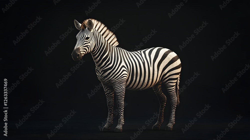 Zebra isolated on black background. Its striking black and white stripes. African wildlife animal Zebra isolated on black background. Its striking black and white stripes. African wildlife animal