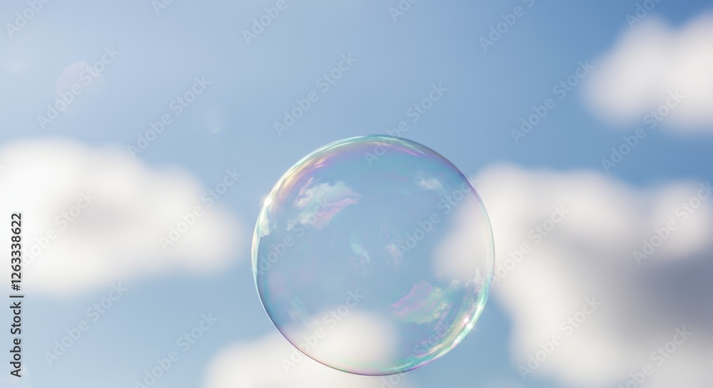 Floating soap bubble against a cloudy blue sky with gentle reflections Floating soap bubble against a cloudy blue sky with gentle reflections