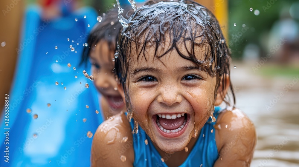 A happy child enjoying water play, embodying joy and innocence in a vibrant, playful environment filled with splashes, laughter, and a spirit of carefree fun. A happy child enjoying water play, embodying joy and innocence in a vibrant, playful environment filled with splashes, laughter, and a spirit of carefree fun.