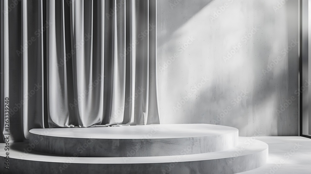 A sleek, modern grey podium with light grey curtains, gathered in soft, minimalistic folds A sleek, modern grey podium with light grey curtains, gathered in soft, minimalistic folds