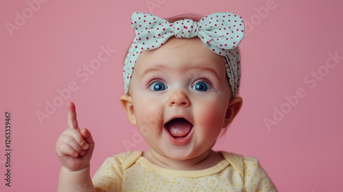 Little child with a polka-dotted headband shows delight while pointing joyfully to the left against a bright pink background