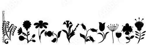 Set of silhouettes of flowers, in black color. Flat design, folk motif, Vector illustrations