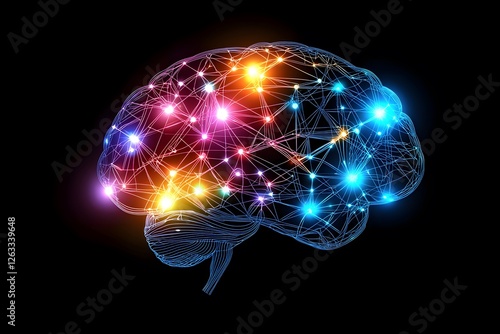 Illuminated Mind: A vibrant, abstract representation of the human brain, glowing with multicolored nodes and connections, symbolizes intelligence, creativity, and neural pathways.