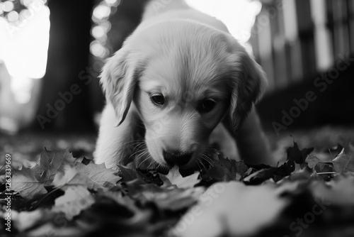 Puppy playing with leaves photo