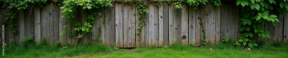 Weathered wooden fence with overgrown vines and moss , rustic wood, decayed, forest Weathered wooden fence with overgrown vines and moss , rustic wood, decayed, forest