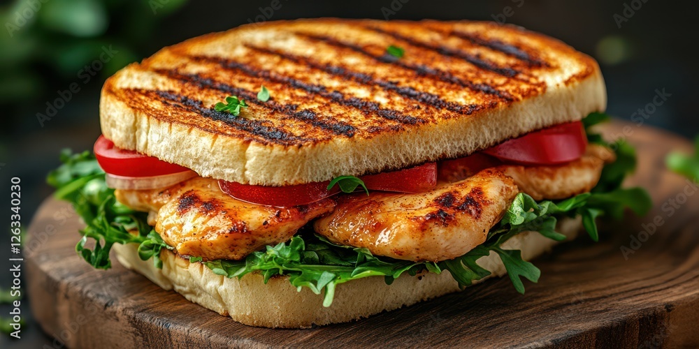 Grilled chicken sandwich with fresh vegetables served on toasted bread at a rustic kitchen setting Grilled chicken sandwich with fresh vegetables served on toasted bread at a rustic kitchen setting