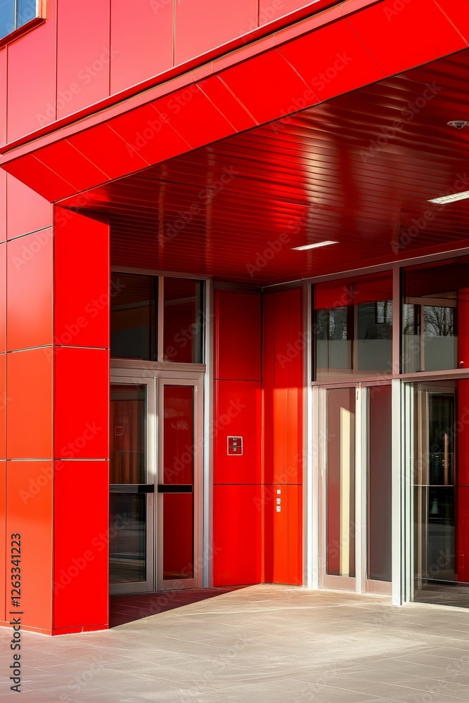 Vibrant red building entrance, modern design, glass doors. Vibrant red building entrance, modern design, glass doors.