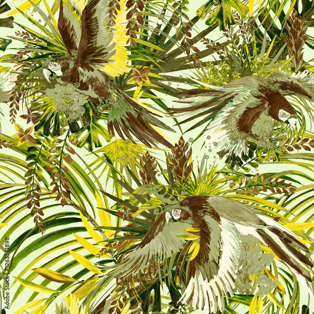 Fototapeta premium Tropical pattern with stylized parrots, exotic flowers, and lush foliage in neutral tones. Earthy, detailed, seamless repeat.