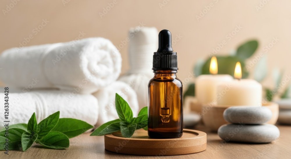 Serene spa setting with essential oil bottle, candles, towels, and greenery for relaxation Serene spa setting with essential oil bottle, candles, towels, and greenery for relaxation