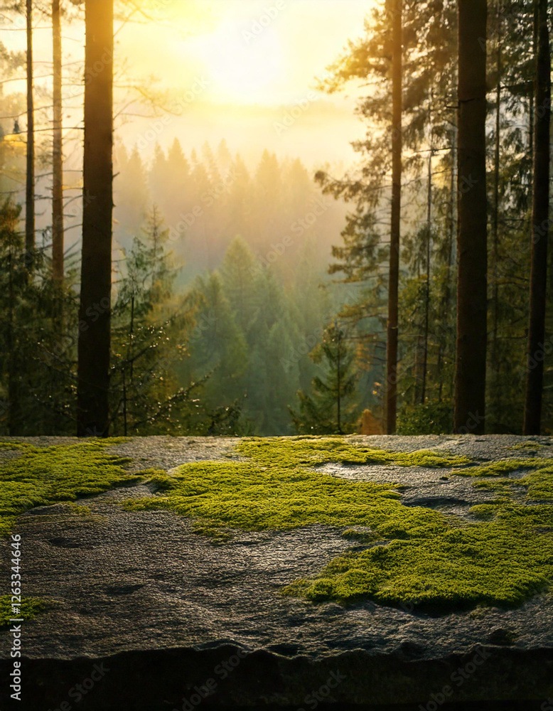 Obraz premium A dark volcanic stone table with a rough, porous texture, featuring green moss stains. Perfect for product display in natural, rustic settings, ideal for eco-friendly or outdoor product promotions.