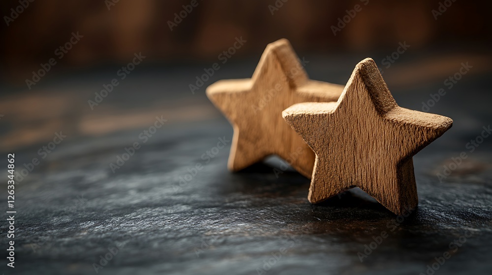 Two rustic wooden stars on dark background. Two rustic wooden stars on dark background.