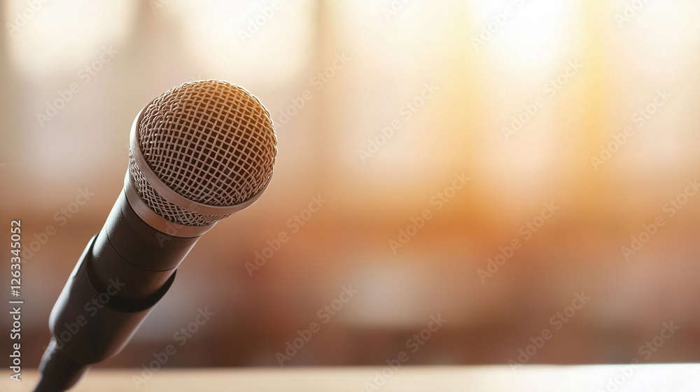 Close-up of a podcast microphone, blurred background, soft lighting. Close-up of a podcast microphone, blurred background, soft lighting.