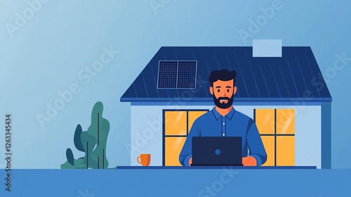 Modern digital workspace businessman working from home with laptop and coffee in cozy environment photo