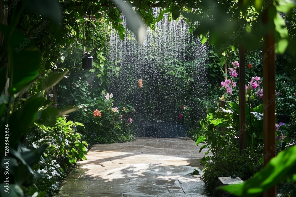 Fototapeta premium Serene garden shower, lush foliage, tranquil oasis.
