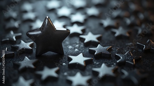 A single, large, black star stands out among many smaller, blurred stars on a dark background.