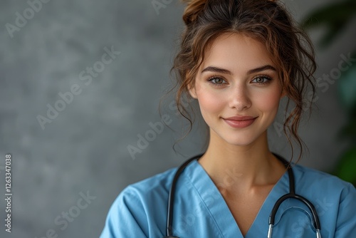 Young healthcare professional smiling confidently while wearing scrubs and a stethoscope in a warm, inviting clinical environment