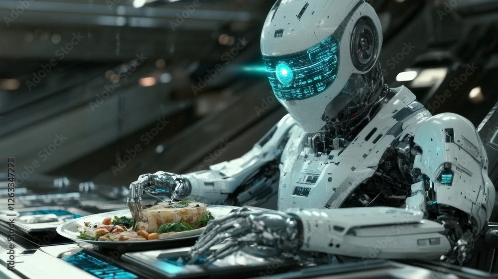 Fototapeta premium Futuristic Chef Robot Preparing Gourmet Meals with Precision and Creativity