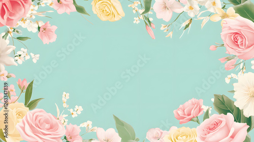 Floral frame with pink flowers on a turquoise background copy space, Spring and summer flowers. for Mother's Day