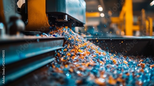 A granulator machine efficiently breaks down plastic waste in an industrial setting, producing colorful small granules ready for recycling.