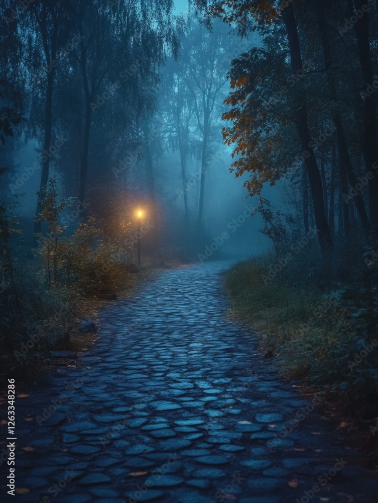 Fototapeta premium Cobblestone Road in Forest at Night