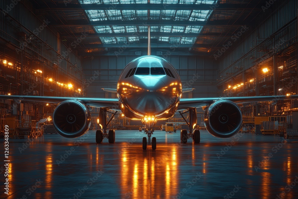 Aircraft in a brightly lit hangar ready for a night departure with reflections on the polished floor highlighting the sleek design and structure Aircraft in a brightly lit hangar ready for a night departure with reflections on the polished floor highlighting the sleek design and structure