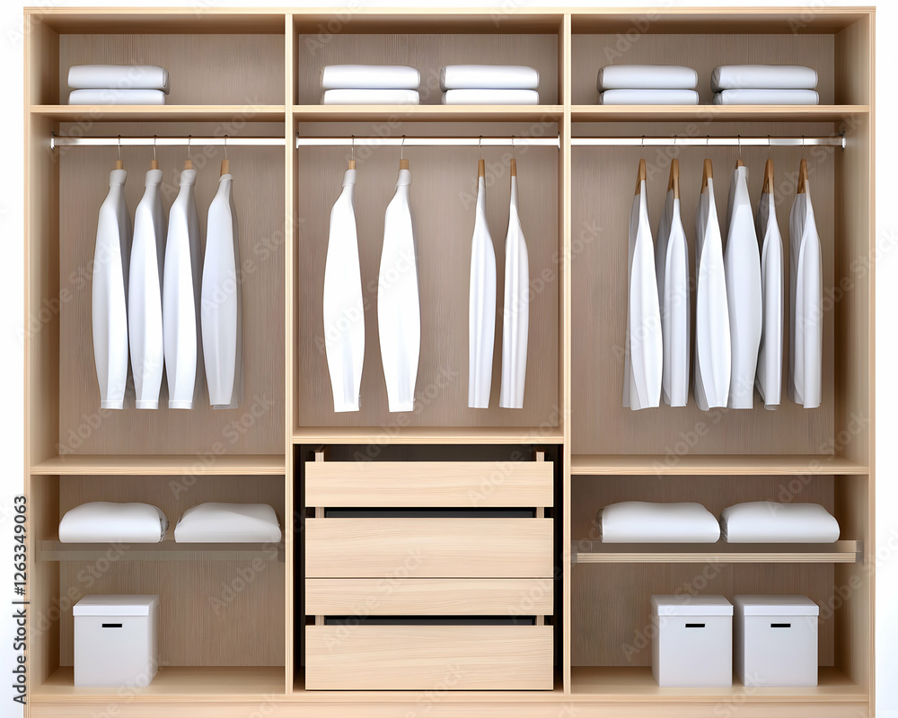 Organized closet with clothes hung and folded in storage furniture, for interiors. Generative AI Organized closet with clothes hung and folded in storage furniture, for interiors. Generative AI